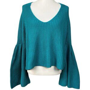 Free People Sweater Womens Small Crochet Bell Sleeve Teal Pullover